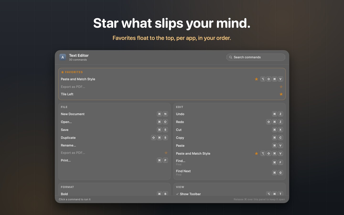 Starred favorites float to the top for that app