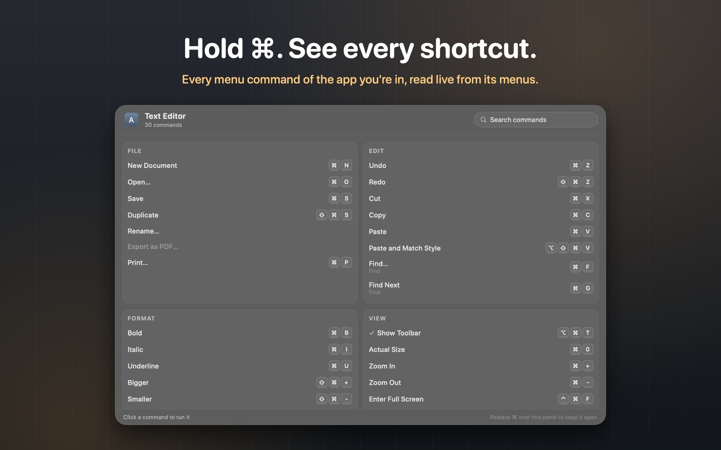 The overlay, grouped by menu, every shortcut as keycaps
