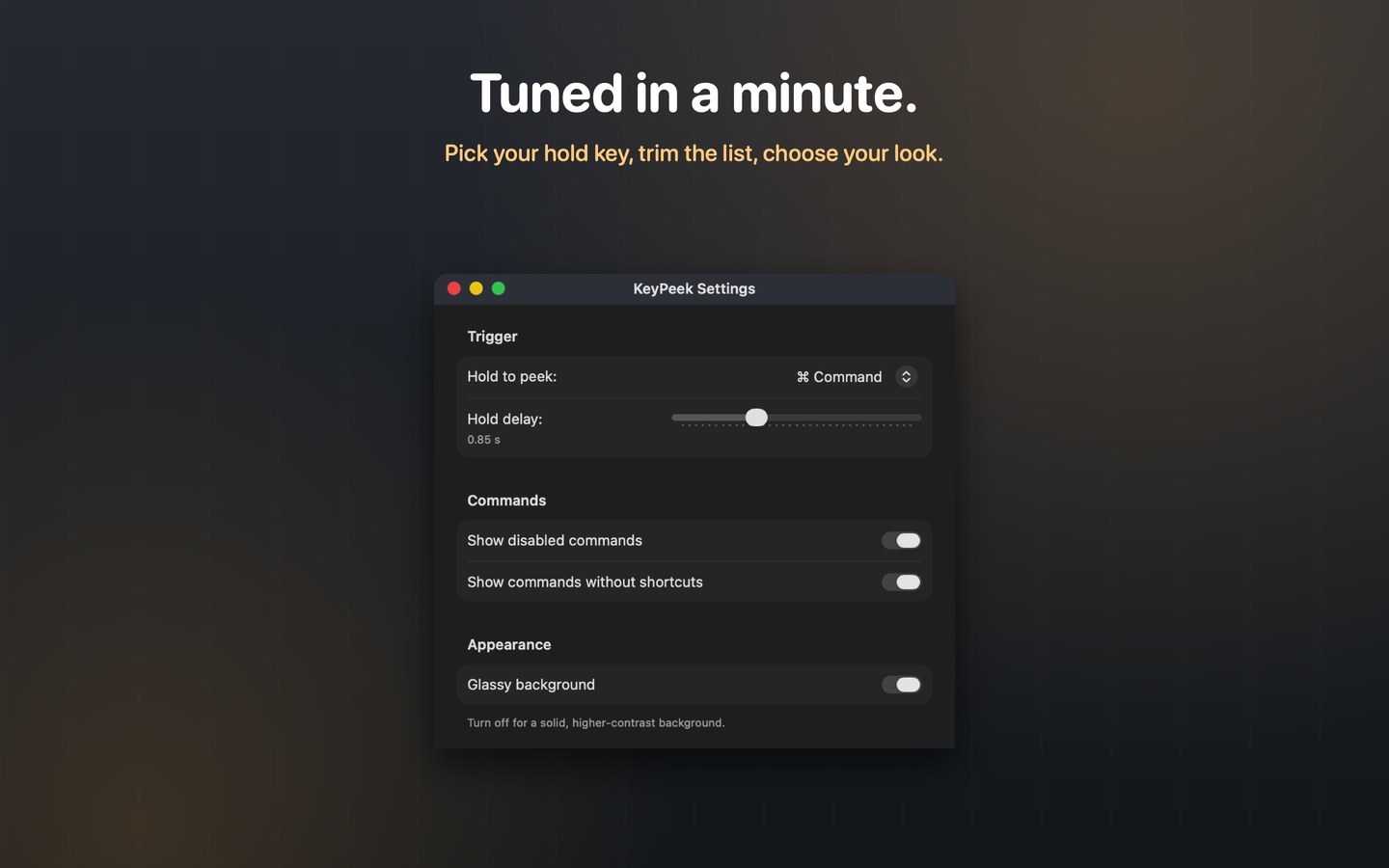 Settings: hold key, hold delay, what to show
